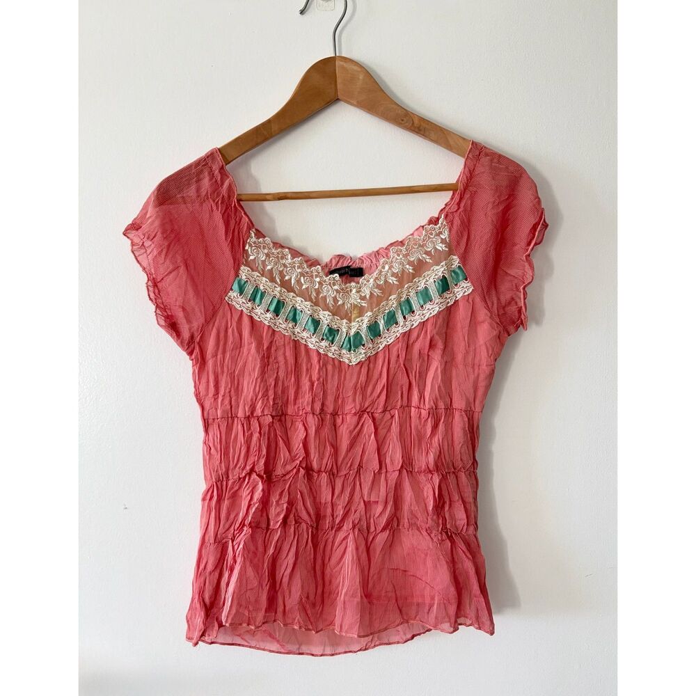 HAZEL Anthropologie Vtg Y2K Sheer Crinkle Lace Ribbon Mesh Blouse Womens Medium